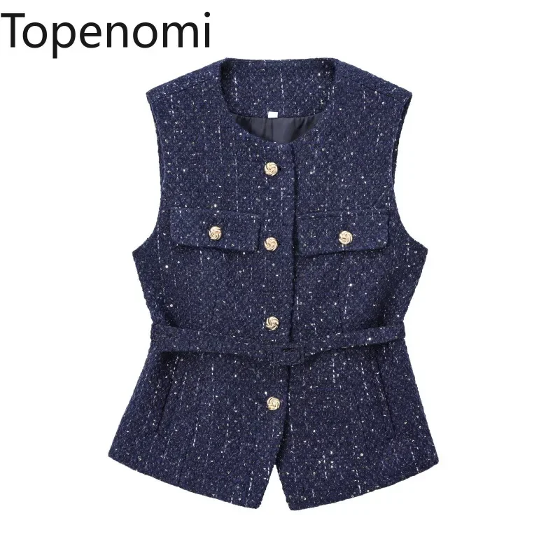 Topenomi-abrigo de Tweed con lentejuelas para mujer, chaleco francés elegante con cuello redondo, cintura con botones de Metal, chaqueta ajustada sin mangas, Tops elegantes Vintage