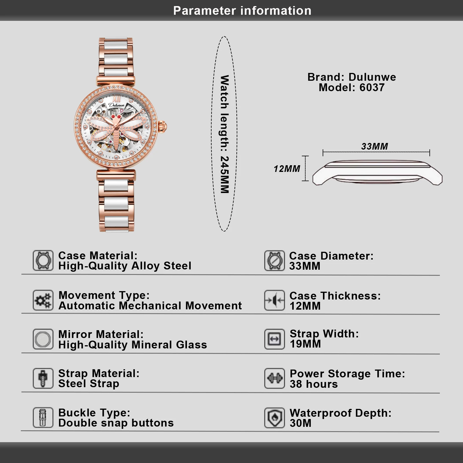 ساعة Dulunwe الميكانيكية ذات الهيكل العظمي اليعسوب للسيدات، هدية فاخرة، ساعة أزياء نسائية، Relojes Para Mujer #2
