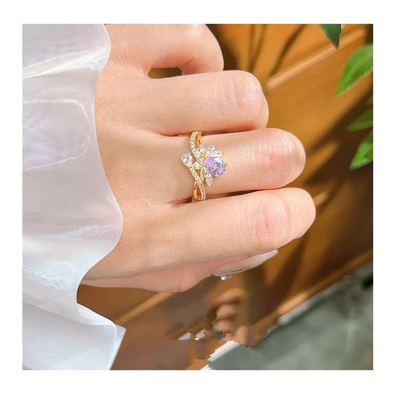 

"Bauhinia Scepter" Water Drop Artificial Purple Diamond Ring Inlaid with High Carbon Diamond Fairy Energy Sweet Qixi Festival Gi
