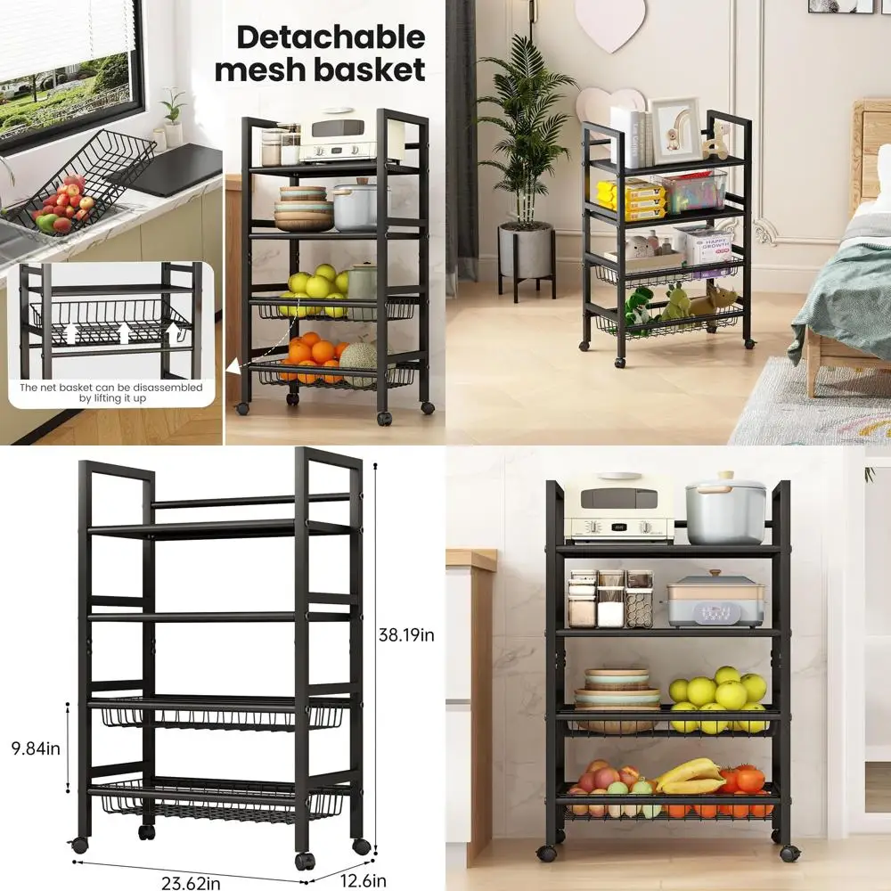 عربة تخزين معدنية كبيرة مكونة من 4 طبقات مع سلة قابلة للفصل وعجلات قفل، منظم أسود متعدد الاستخدامات #1