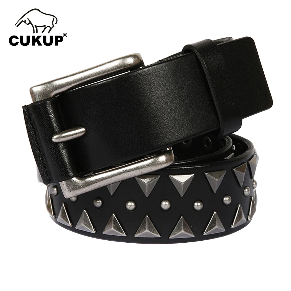 

CUKUP 2023 New Triangle Rivet Top Qaulity Head Layer Cowhide Belt 3.8 Wide Men's Black Denim Belts Male Selling by Manufacturer