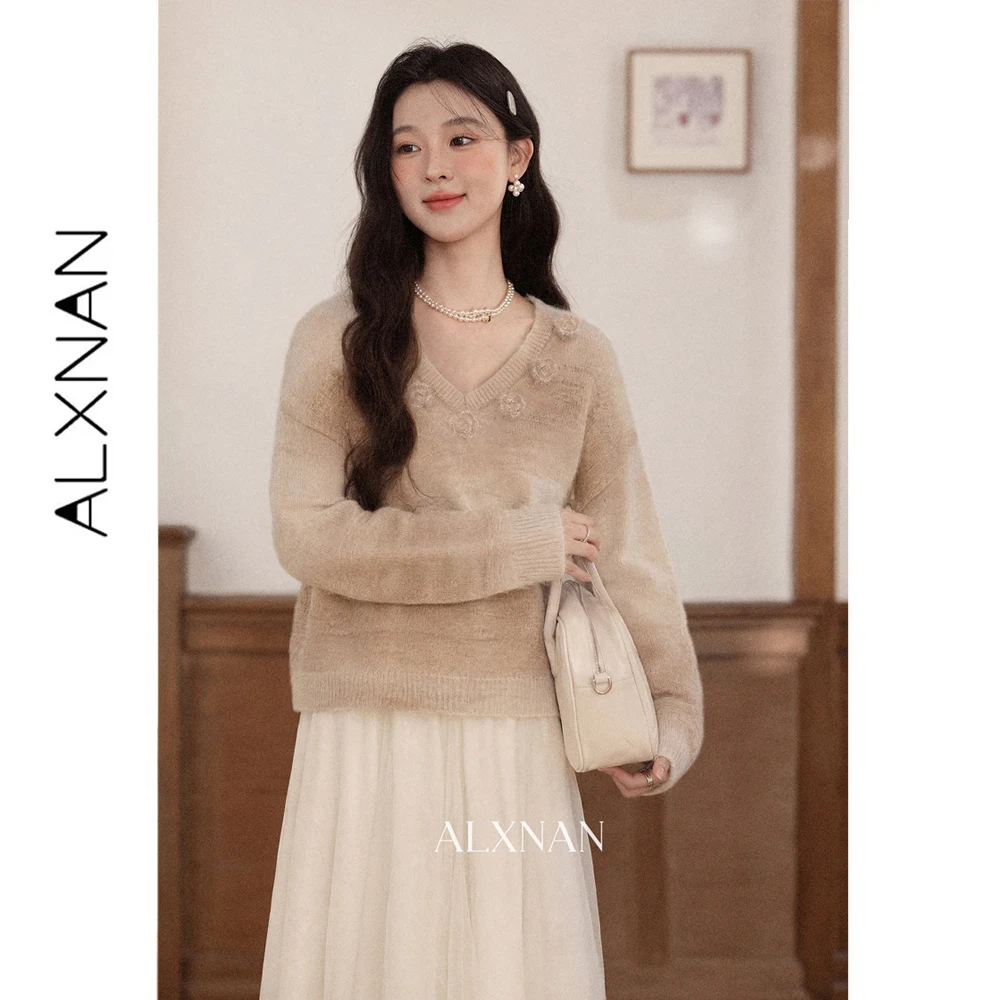ALXNAN V-neck Gradient Grey Apricot Sweater for Women Autumn Winter 3D Floral Design Drop Shoulder Pullover Top Ladies L680103A