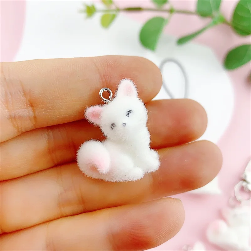 

Wholesale 30pcs/lot color flocking animals cartoon fox shape resin dolls beads charms diy jewelry keychain accessory