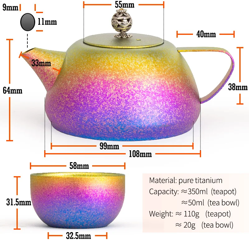 TiTo 350ml Titanium Tea pot with Filter Single Layer Small Teapot Rainbow Color Outdoor Camping Portable Tea Kettle Cup Set