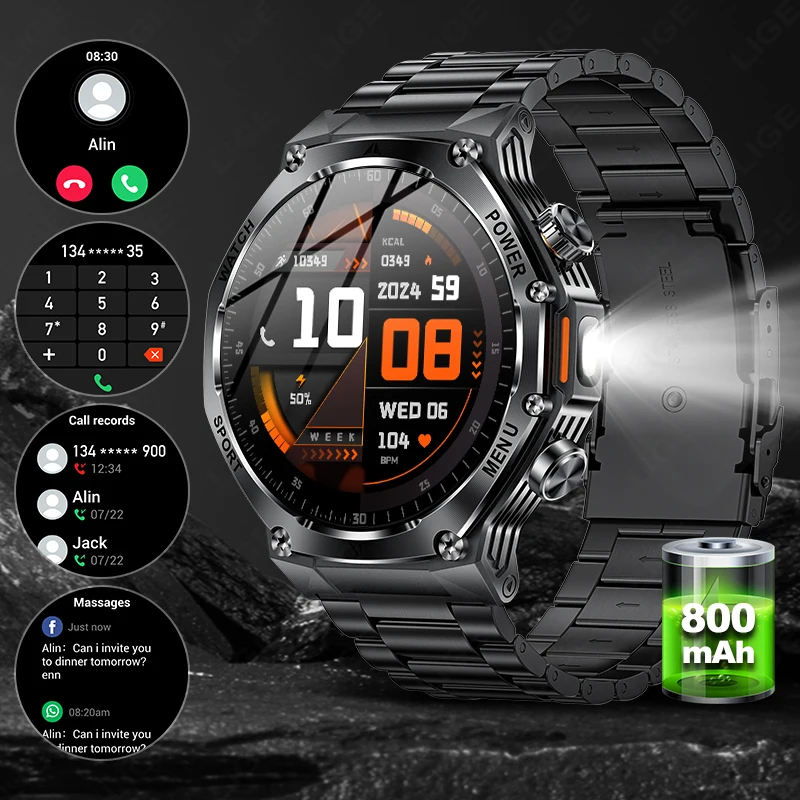 

LIGE 1.8 - дюймовый экран Беспроводные телефоны Военные умные часы Мужские спортивные часы Здоровье Умные часы Водонепроницаемые 800 мАч Большой аккумулятор