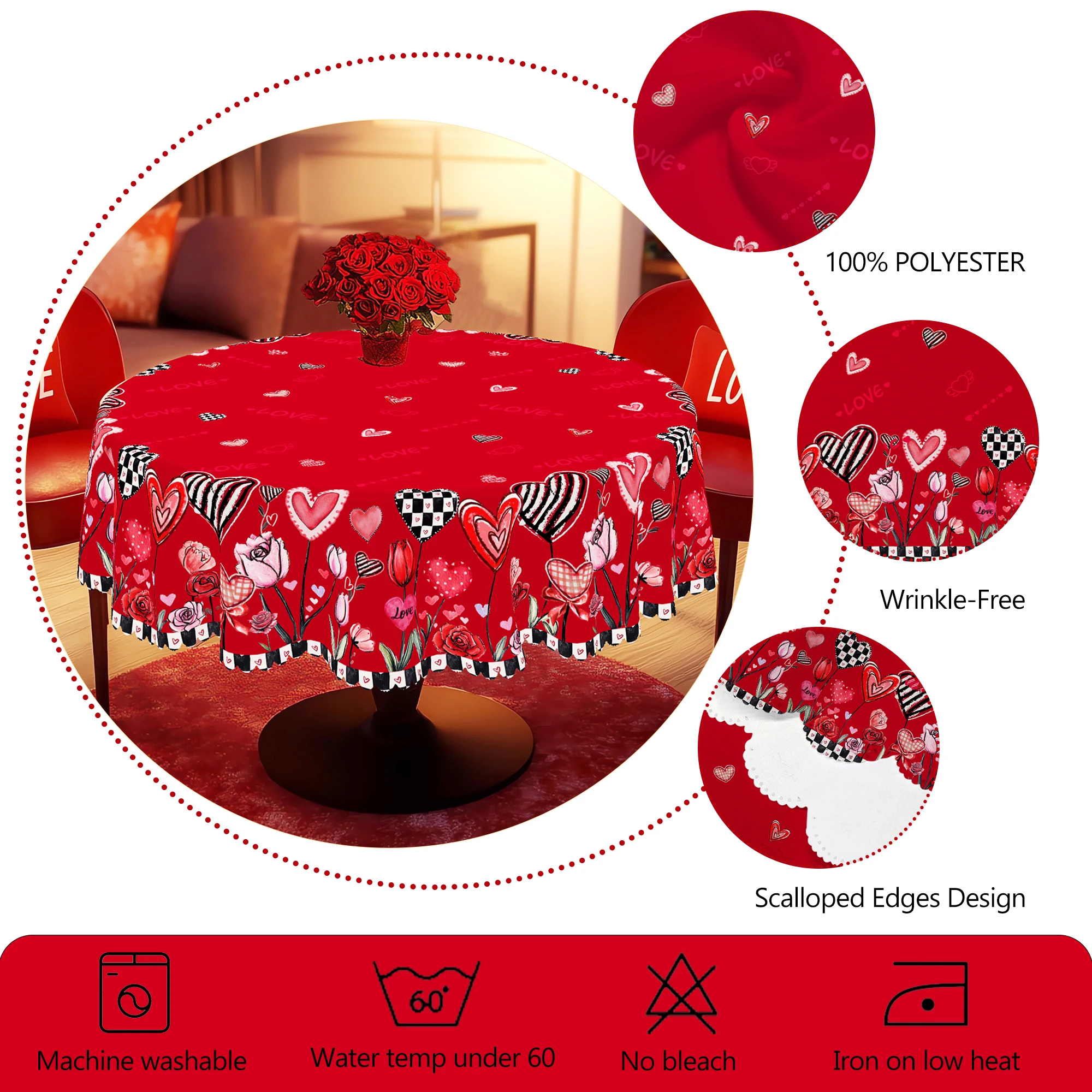 1 Piece Valentine\'s Day Round Tablecloth, 5 Sizes Available, Romantic Heart-Shaped Printed Square Tablecloth, Edge Embossing Process, Wedding Garden