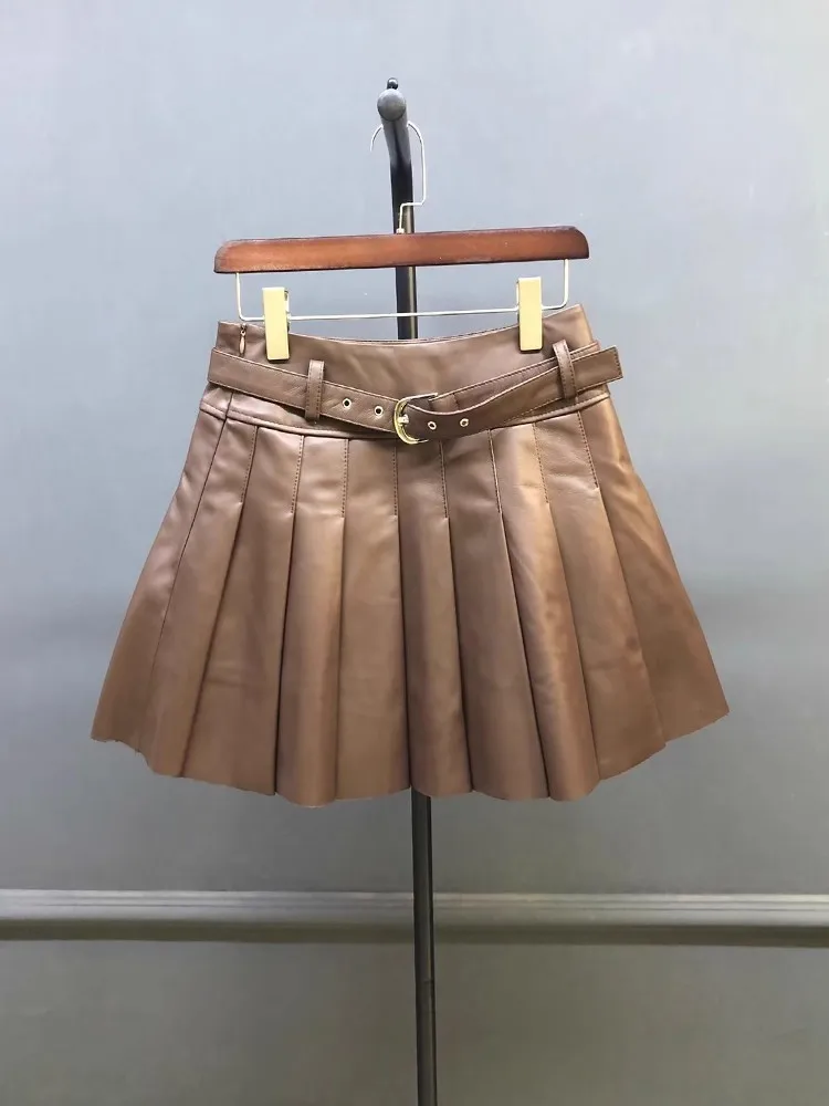 Autumn Women Sweet Sheepskin Genuine Leather Pleated Skirt High Waist Belt Fashion Casual Party Solid Color A Line Short Skirts