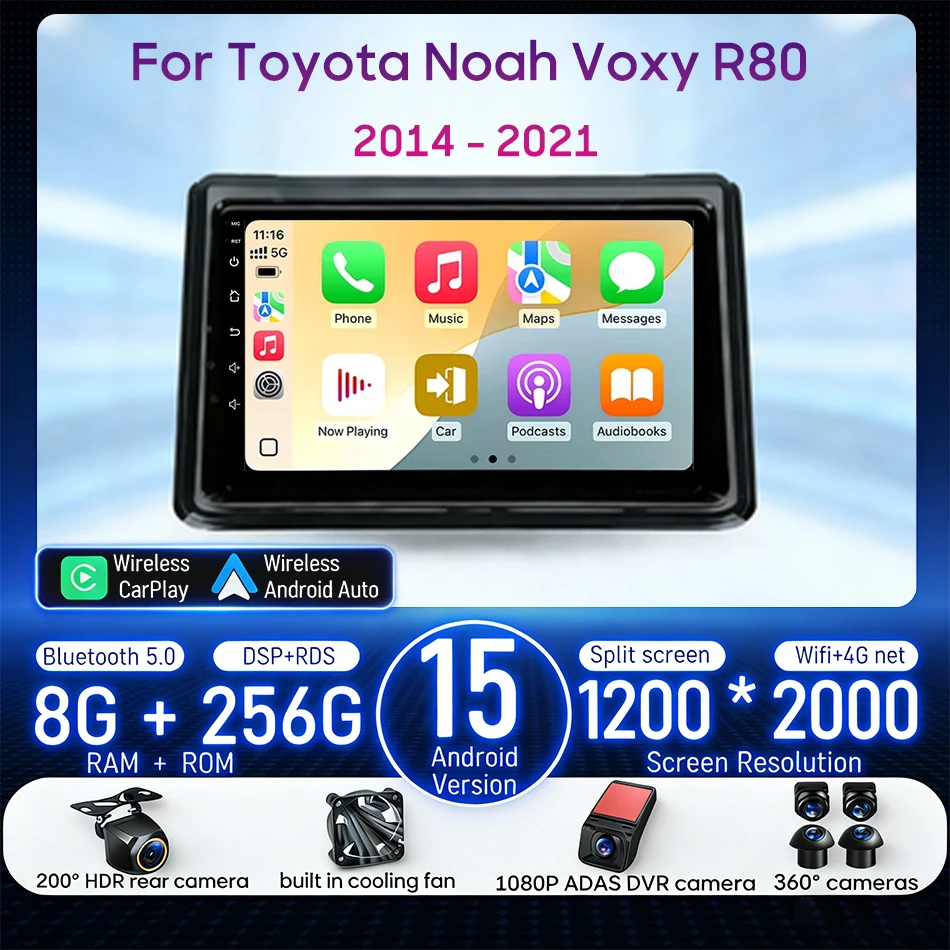 

Android для Toyota Noah Voxy R80 2014-2021 Автомобильный мультимедийный плеер Carplay Авто головное устройство Радио Видео Стереонавигация GPS 2din