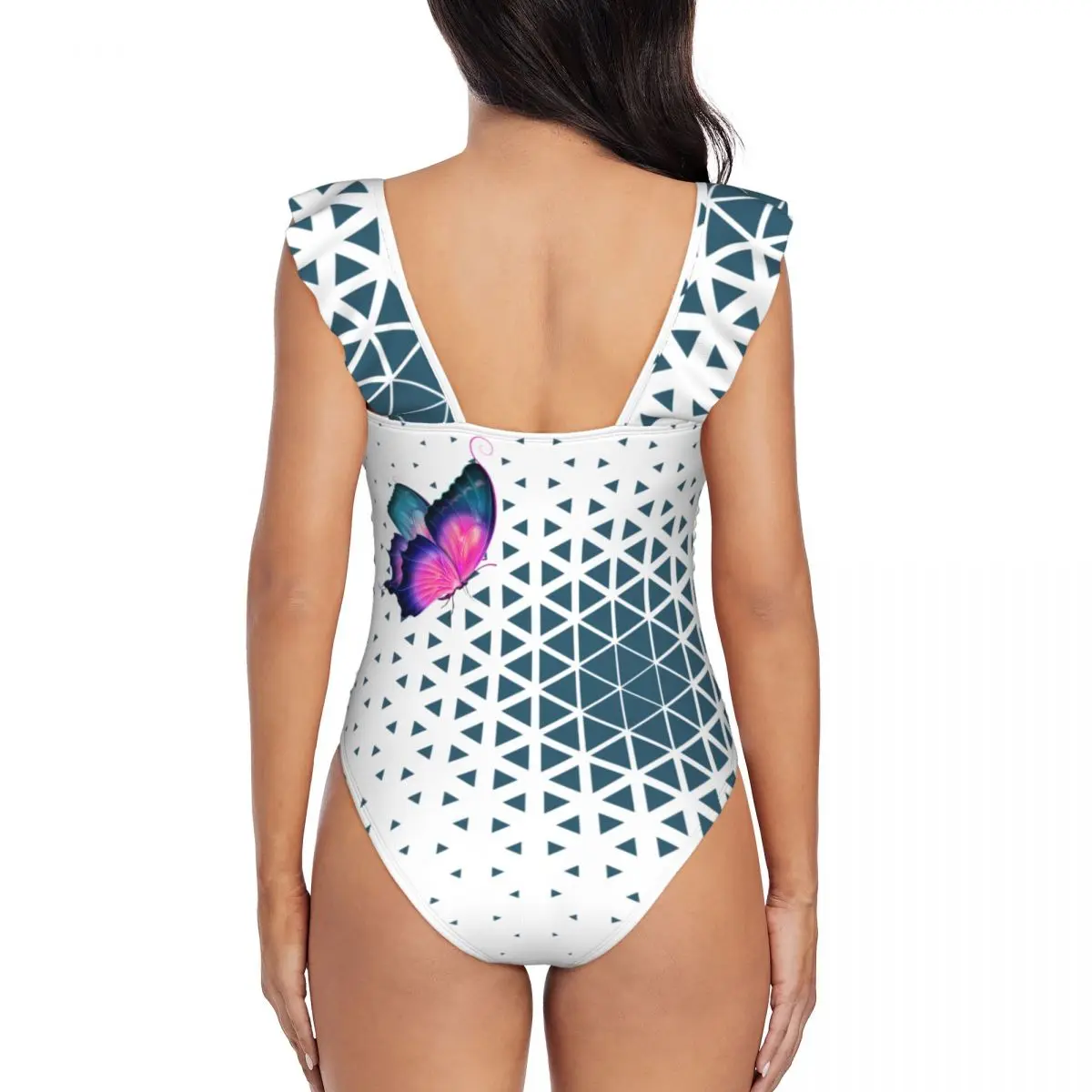 Bañador bohemio de una pieza para mujer, traje de baño de una pieza con patrones de línea curva de mariposa azul, traje de baño con volantes, bikini Sexy blanco