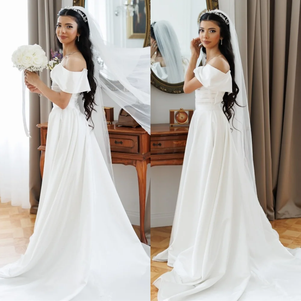 

Customized Sexy White Satin Wedding Dresses Simple Strapless Off the Shoulder Short Sleeves Bridal Gowns Open Back Dress