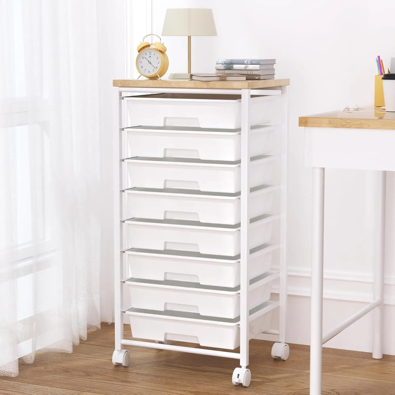 

8-Drawer Rolling Cart with Wooden Tabletop and Lockable Wheels, Versatile Storage for Home, Office, Classroom