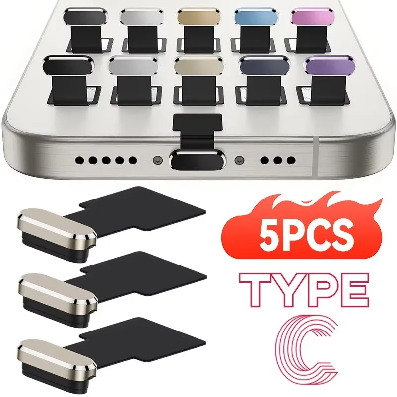 1/5 Unidades Tapones Metálicos Antipolvo Tipo C Autoadhesivos Protectores de Puerto de Carga USB C Tapones Antipolvo para iPhone 17 15 Pro Android Tapones Metálicos