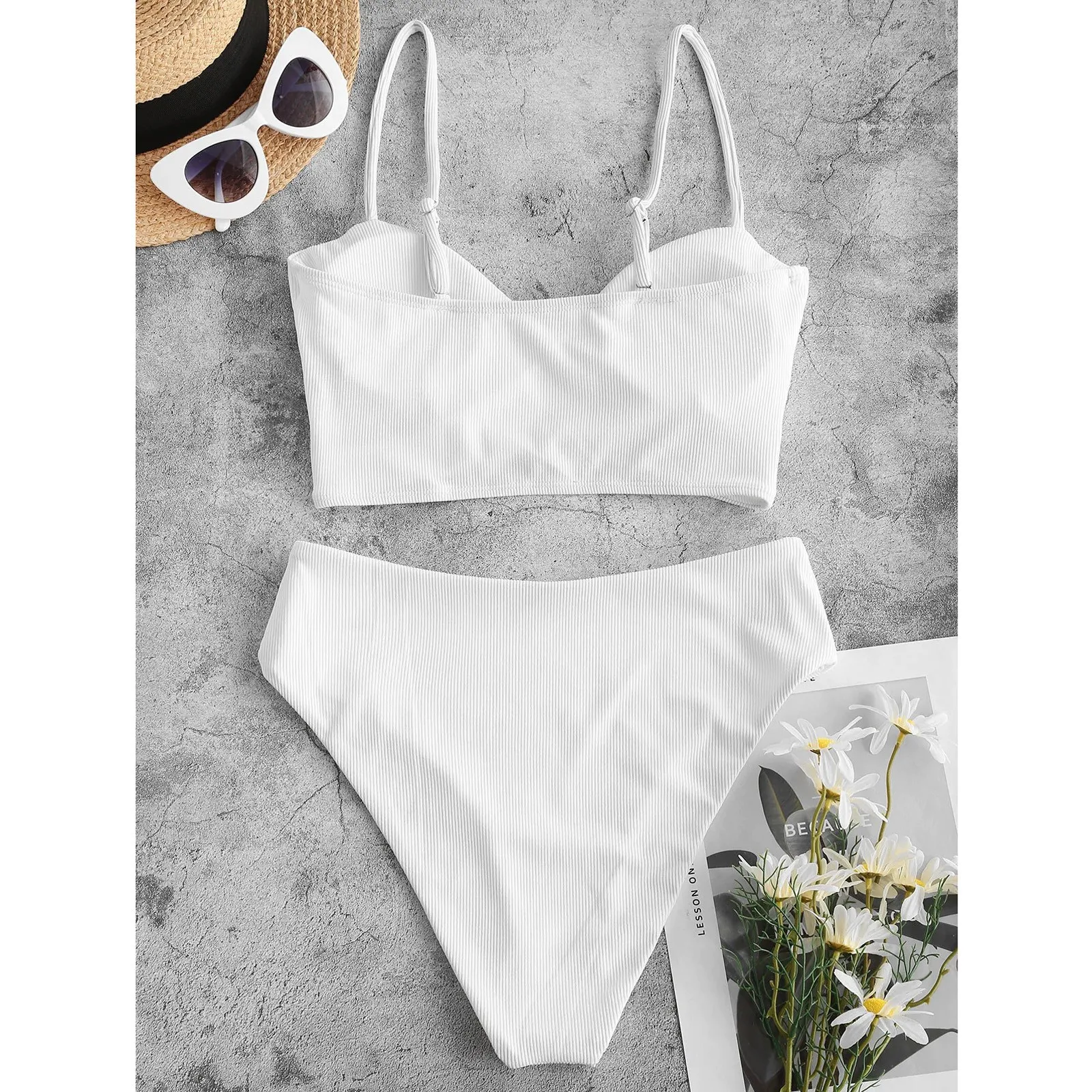 2024 New Women Swimsuit Sexy Woman High Waist Bikini Swimwear Female Two Piece Beachwear White Bikinis Set Ribbed Bathing Suit