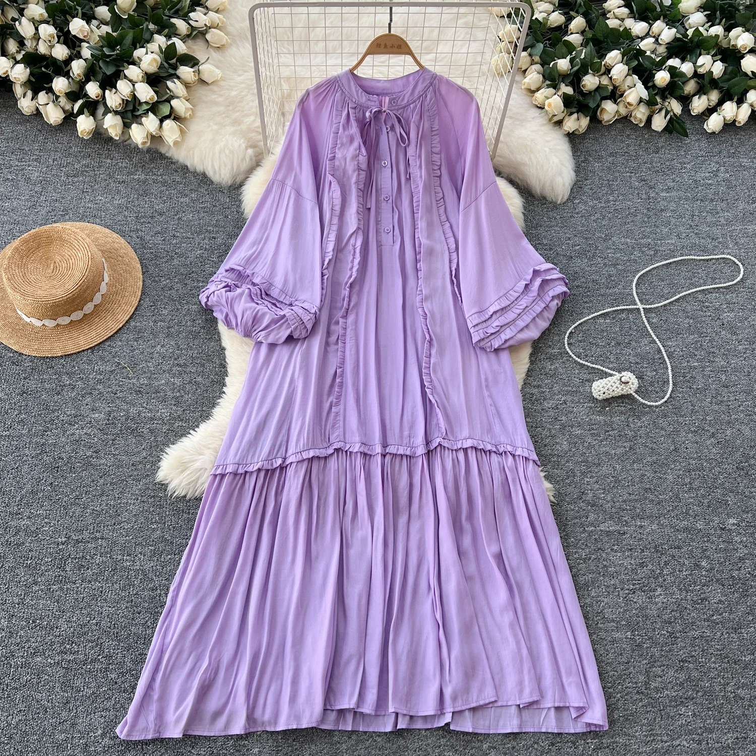 Vintage O-neck Lace-up Single Breasted Fashion Lantern Long Sleeves Elegant Loose Ruffle Dress Korean High Street Women Clothing