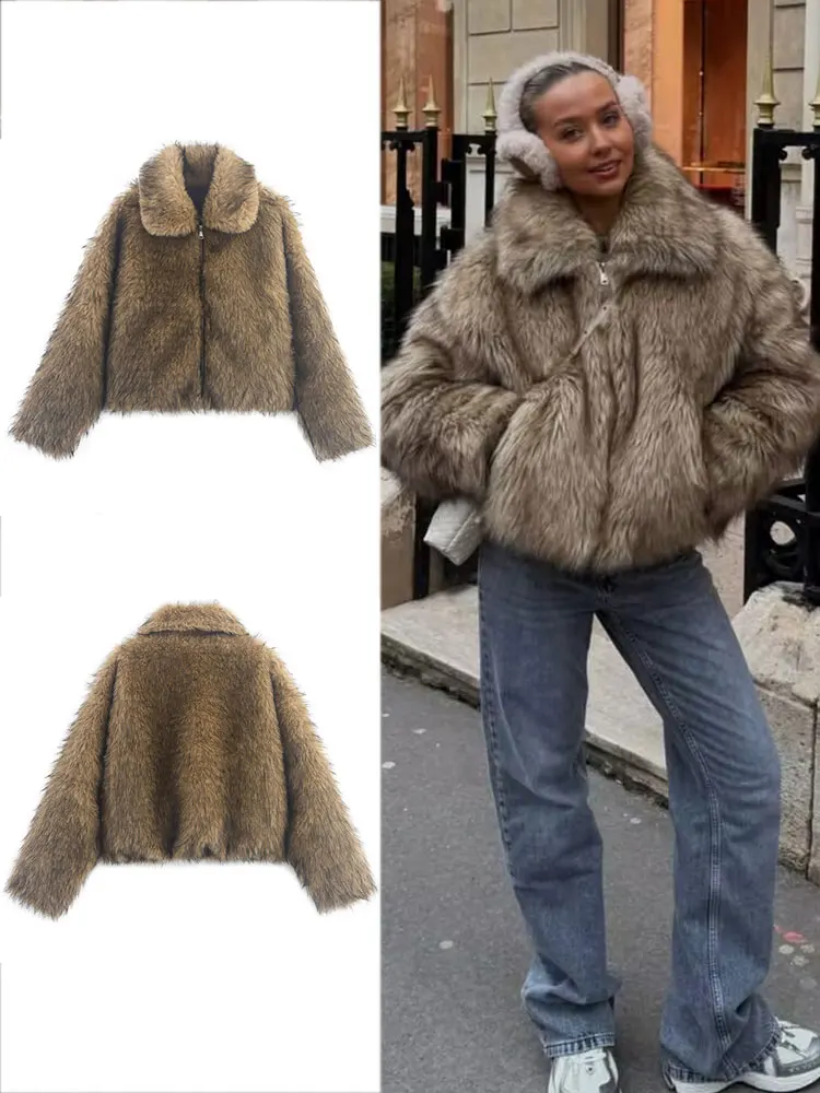 HH 2025 Women Winter Warm Faux Fur Coats Lapel Long Sleeve Zipper Jacket Female Fashion High Street Short Coat Outerwear