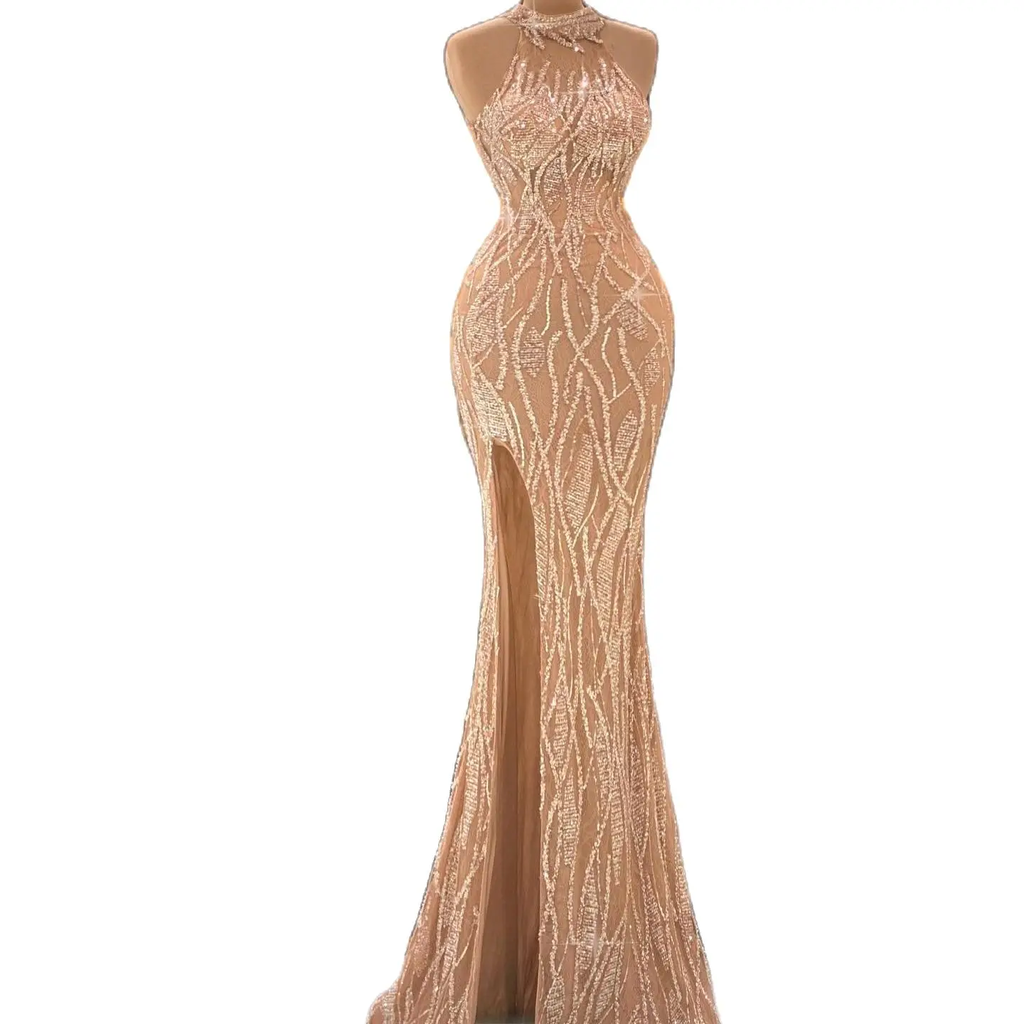 Elegant Halter Mermaid Evening Dresses Sleeveless Beads Split Prom Dress With Detachable Train Formal Party Gowns