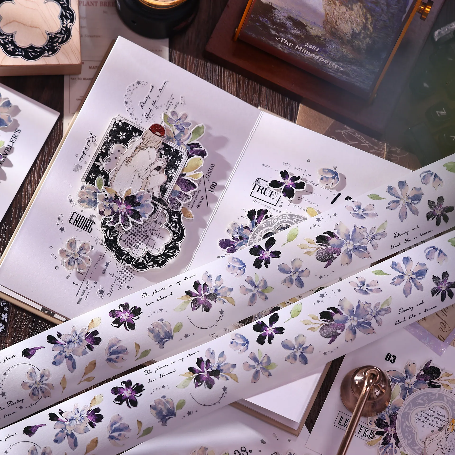 Retro Fantasy Blue White Purple Floral Washi Special Oil PET Die-Cut Journal Tape