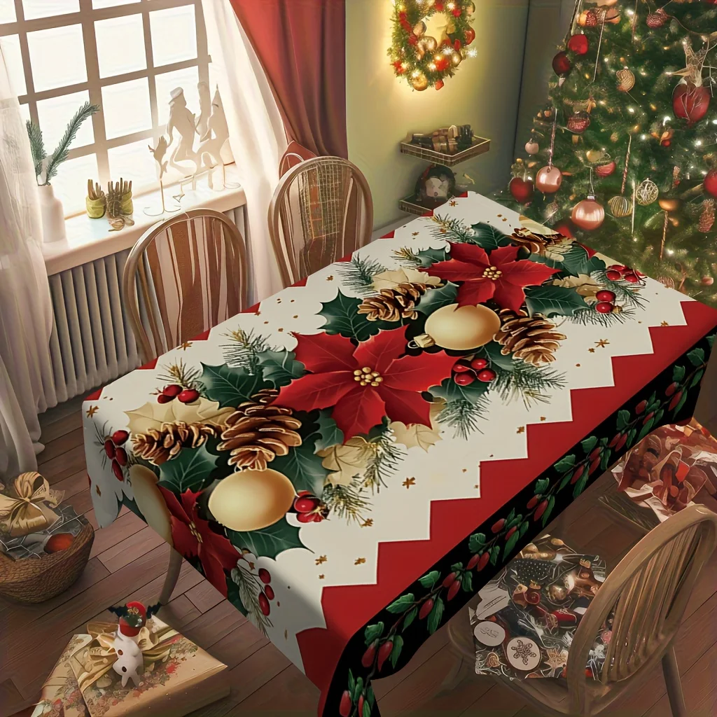 One-piece Christmas egg flower and pinecone festive tablecloth, suitable for dining room, kitchen and party settings.