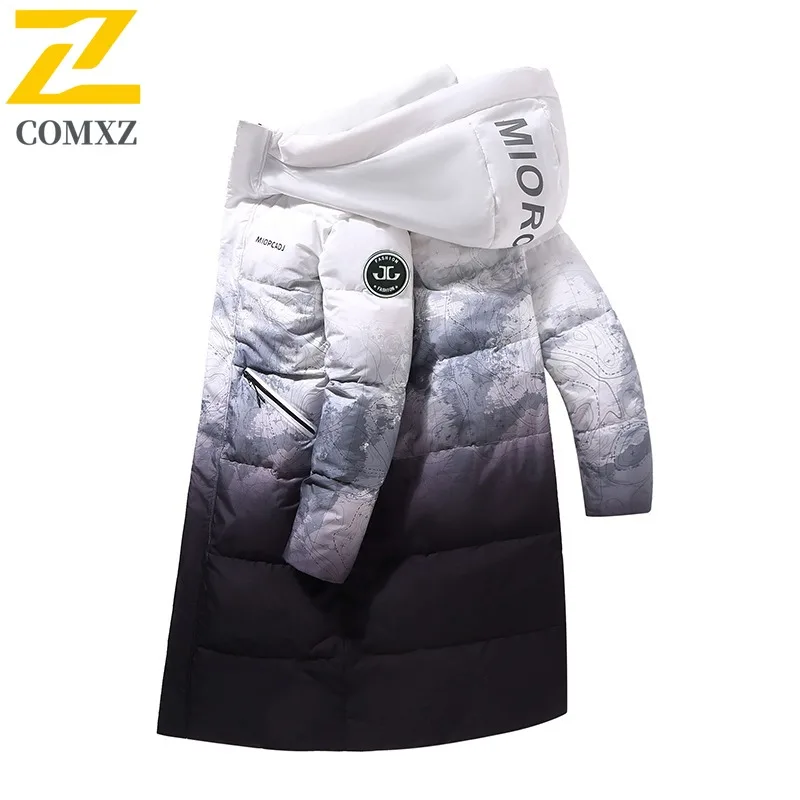 

COMXZ Mens Down Jacket Classic Hooded Commute Office Thickened Warm Parka Premium Knee Length Design Cold Resistant Winter Coat