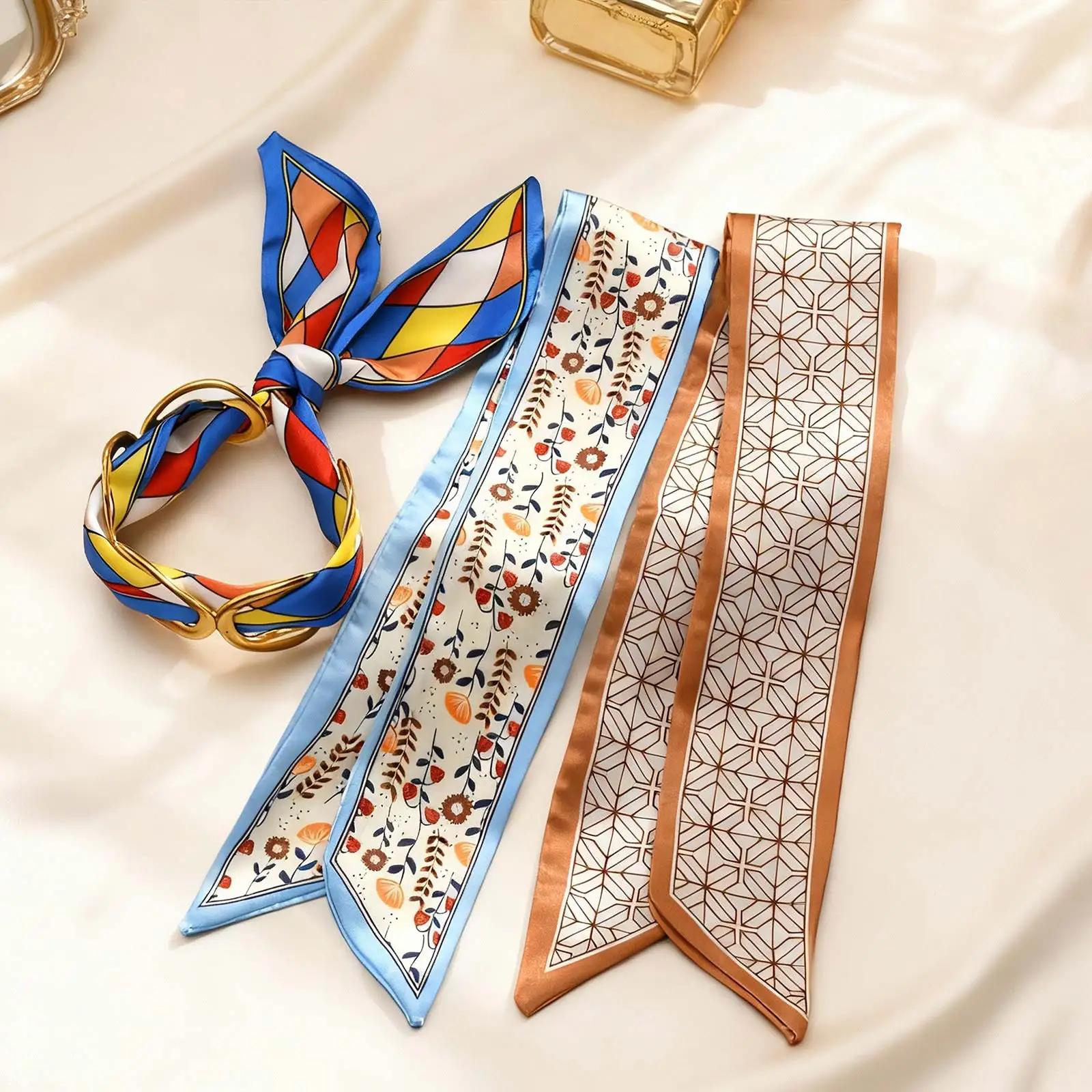 Luxury Simulated Silk Printed Silk Scarf Cuff Bracelet for Women,Stainless Steel Hollow Open Cuff Bracelets,Vintage Jewelry Gift