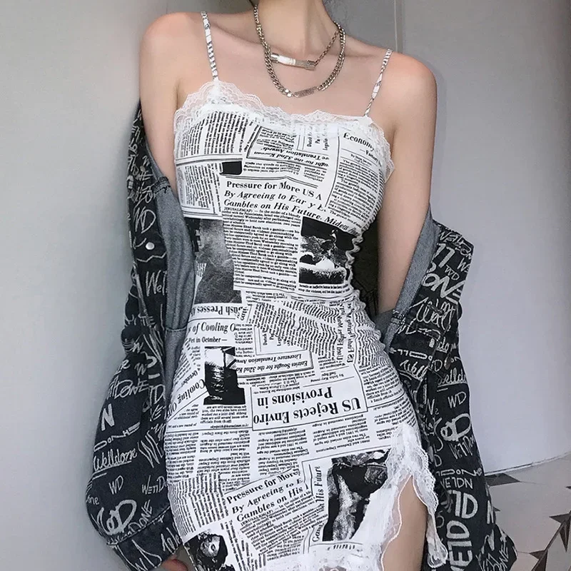 

Missnight Summer Dress Newspaper Print Bodycon Lace Patchwork Split Slim Sexy Party Dresses Black White Mini Dress Streetwear