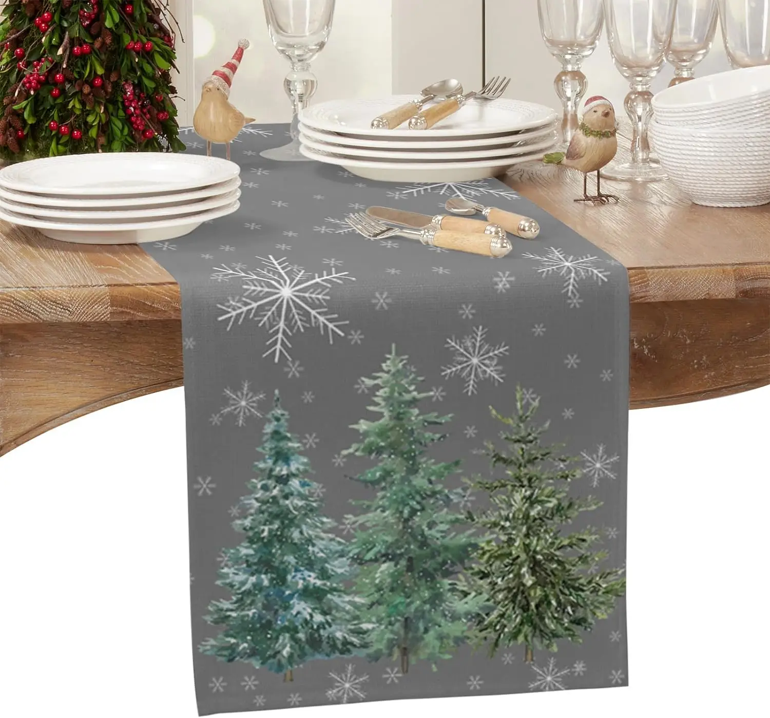 Christmas Green Pine Tree Linen Table Runners Dresser Scarf Table Decor Xmas Snowflake Dining Table Runner Christmas Decorations