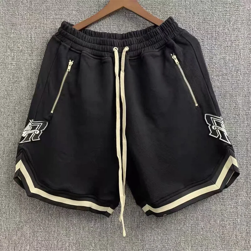 

High Quality Vintage Embroidery Knit Mesh Shorts Black Almond Zipper Pocket Men Drawstring Loose Sweatpants Breeches