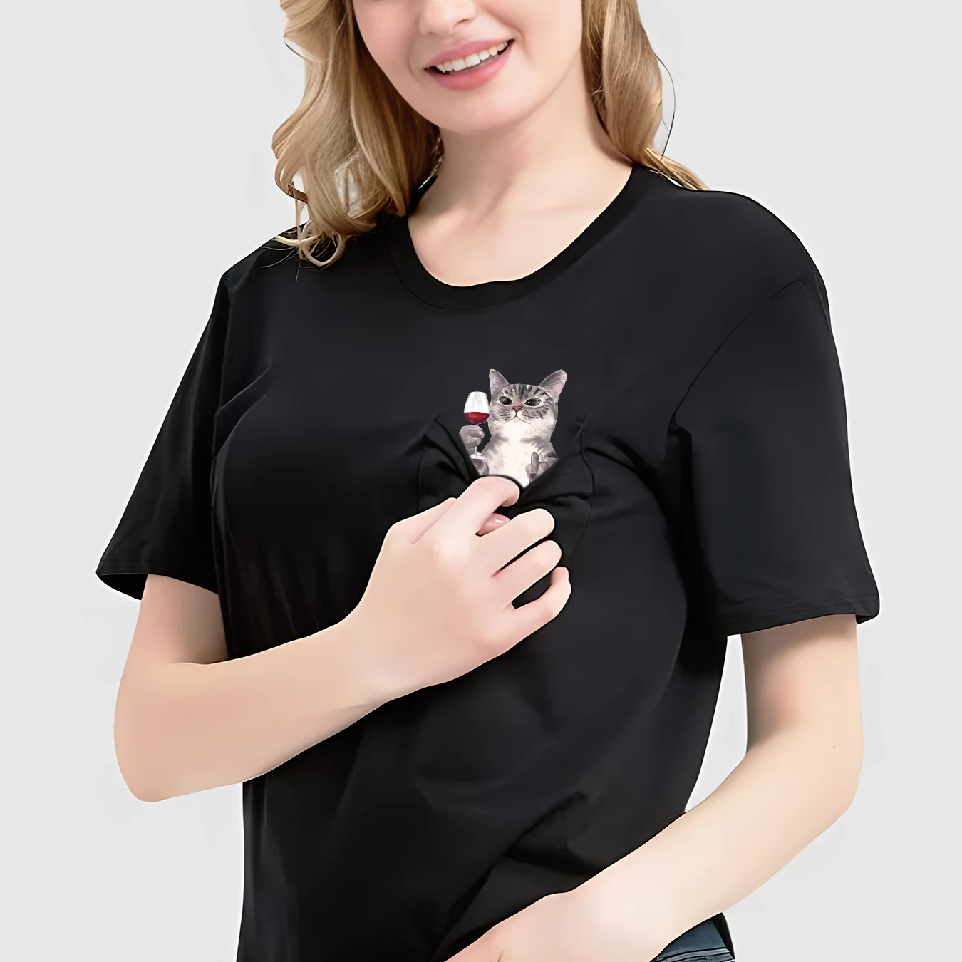 CLOOCL Cotton T-Shirt Red Wine Cat Middle Finger Pattern Printed T-shirt Men's for Women Shirts Casual Pocket Tops Cotton Tees