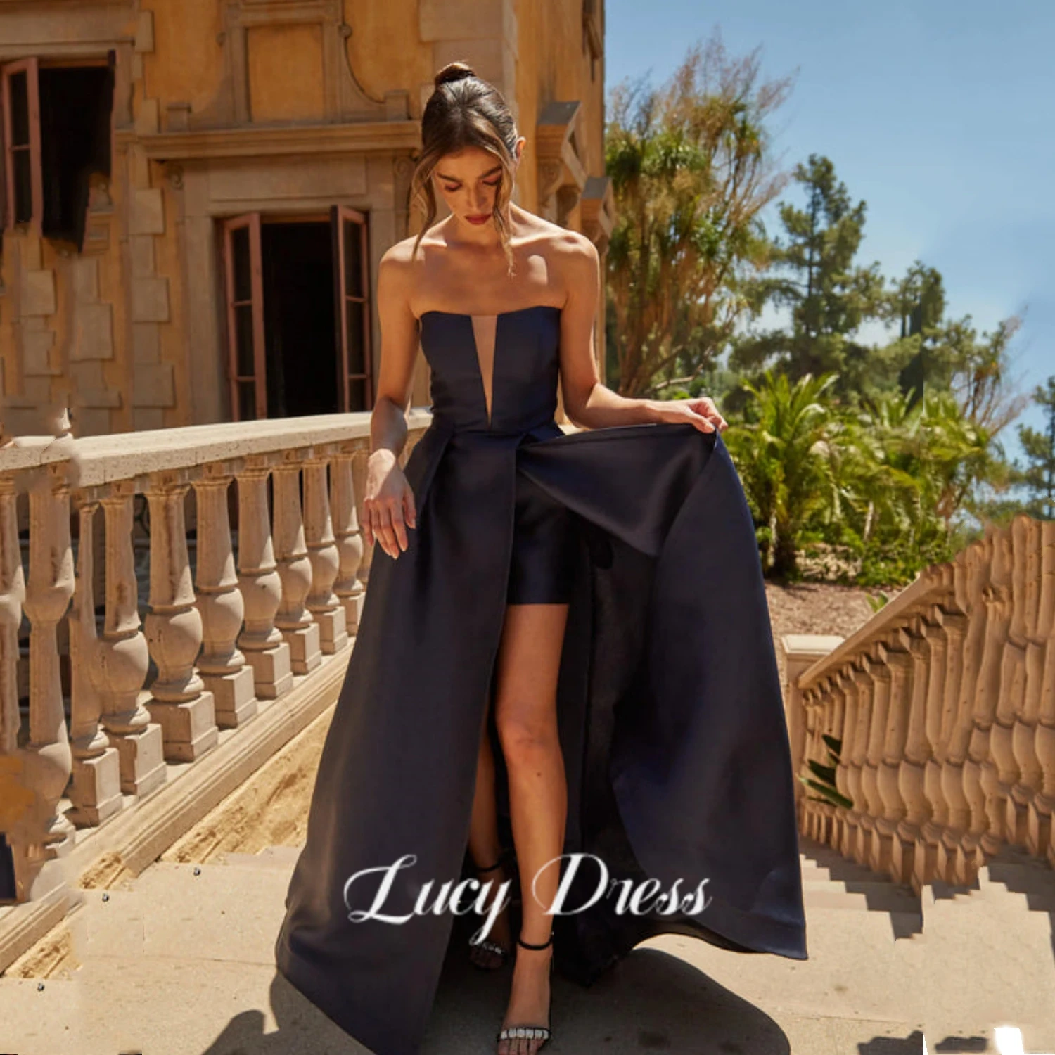 

Lucy вечерние платья Black Prom Dresses with Pockets 2022 Satin Side Split Deep V-Neck Women's Long Formal Evening Dresses