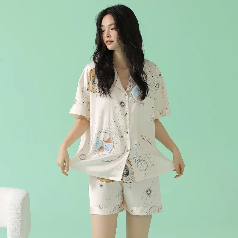 Summer pajamas women's short sleeve ice silk home clothing, silky and soft can be worn externally in fashionable women's pajamas