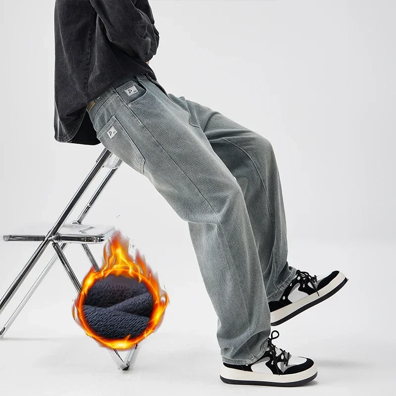 

Winter Fleece Fashion Vintage Jeans Men Streetwear Straight Korea Denim Trousers Thicken Casual Wide Plush Trousers