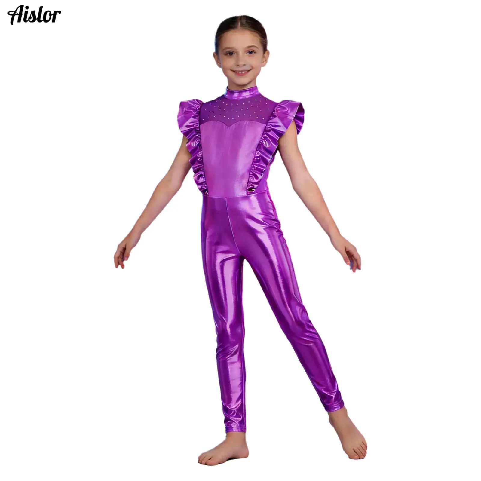 Kids Girls Metallic Alien Cosplay Costumes Ruffled Flying Sleeve Jumpsuit Leotard for Ballet Jazz Hip Hop Them Parties Stage