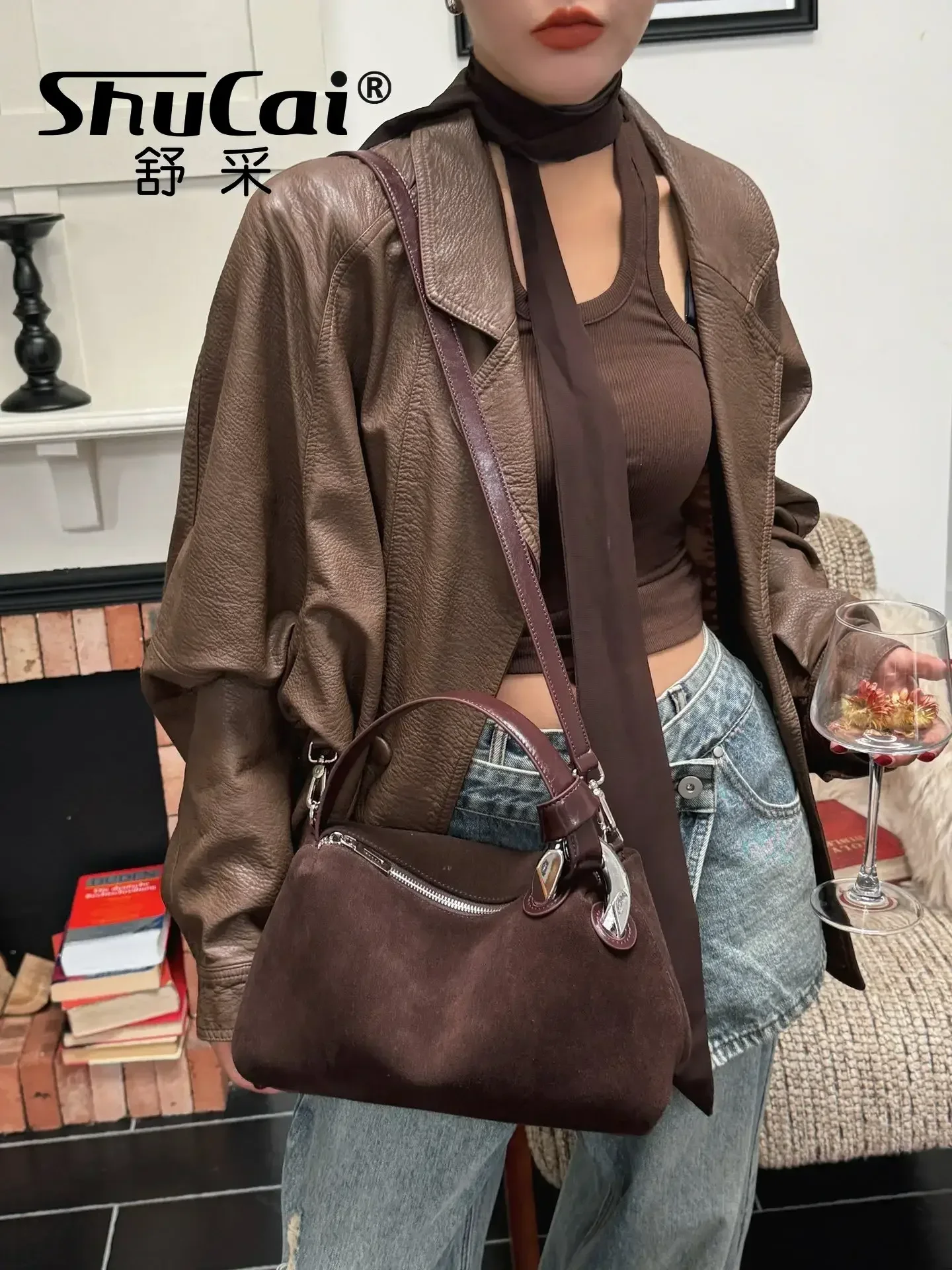 Women's Matte Suede Leather Pillow High Quality Brown Coffee Handbag Luxury Designer Brand Female Shoulder Crossbody Bag New Red
