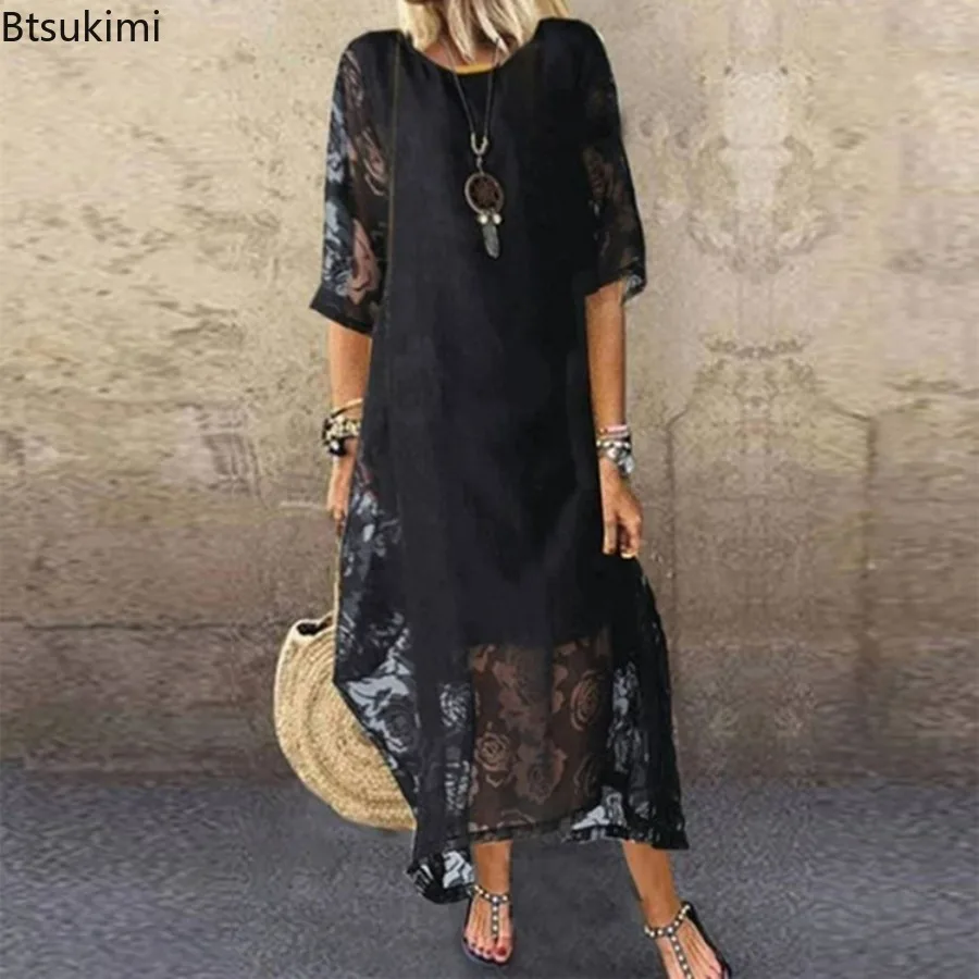 2024 Women\'s Elegant Short Sleeve Lace Design Long Dress for Summer Oversized Ladies Solid Club Party Evening Dress Vestidos 5XL