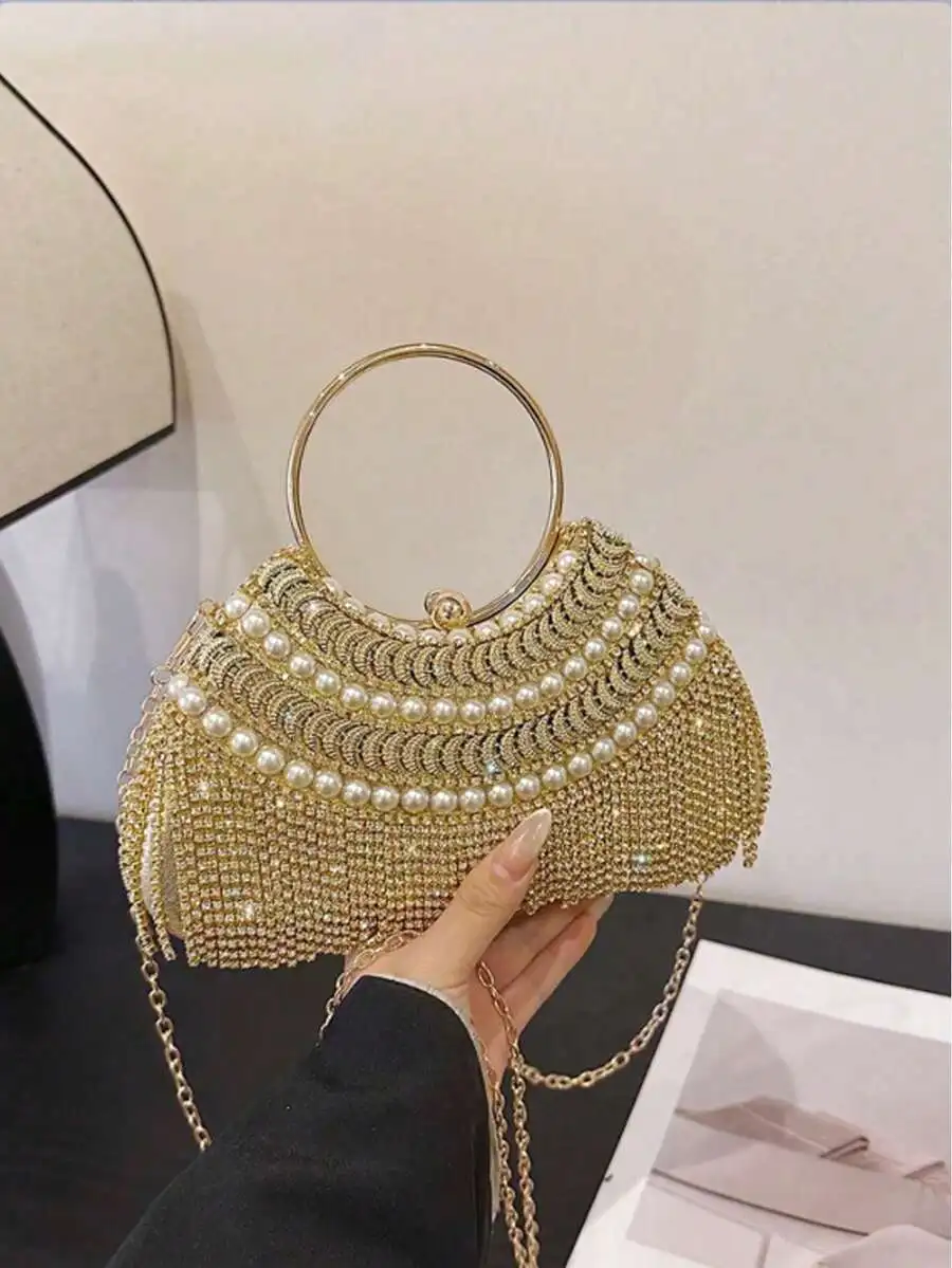 

Rhinestone Embellished Evening Clutch With Pearl And Tassel Decor, Detachable Chain Strap For Party Wedding Formal Events