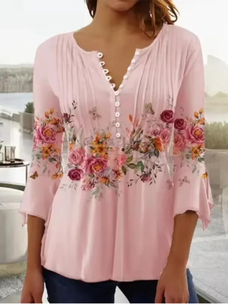 女性用長袖VネックTシャツ,花柄のゆったりとしたブラウス,水墨画,カジュアルで快適なトップス,ファッショナブル,新品