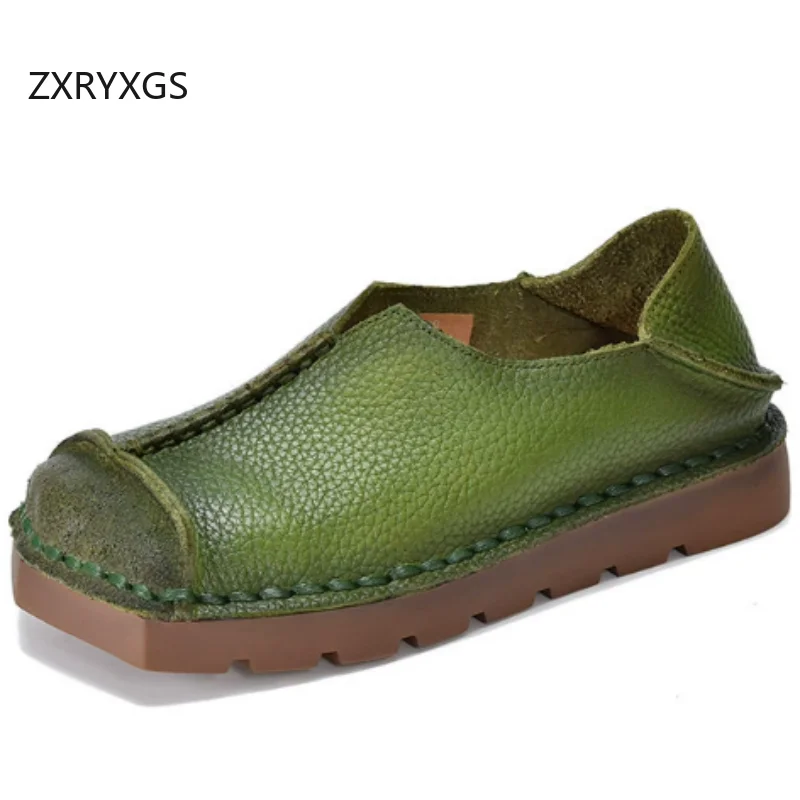 

ZXRYXGS 2026 Classic Retro Square Toe Premium Cowhide Full Real Leather Shoes Women Flats Fashion Casual Shoes Comfort Soft Sole