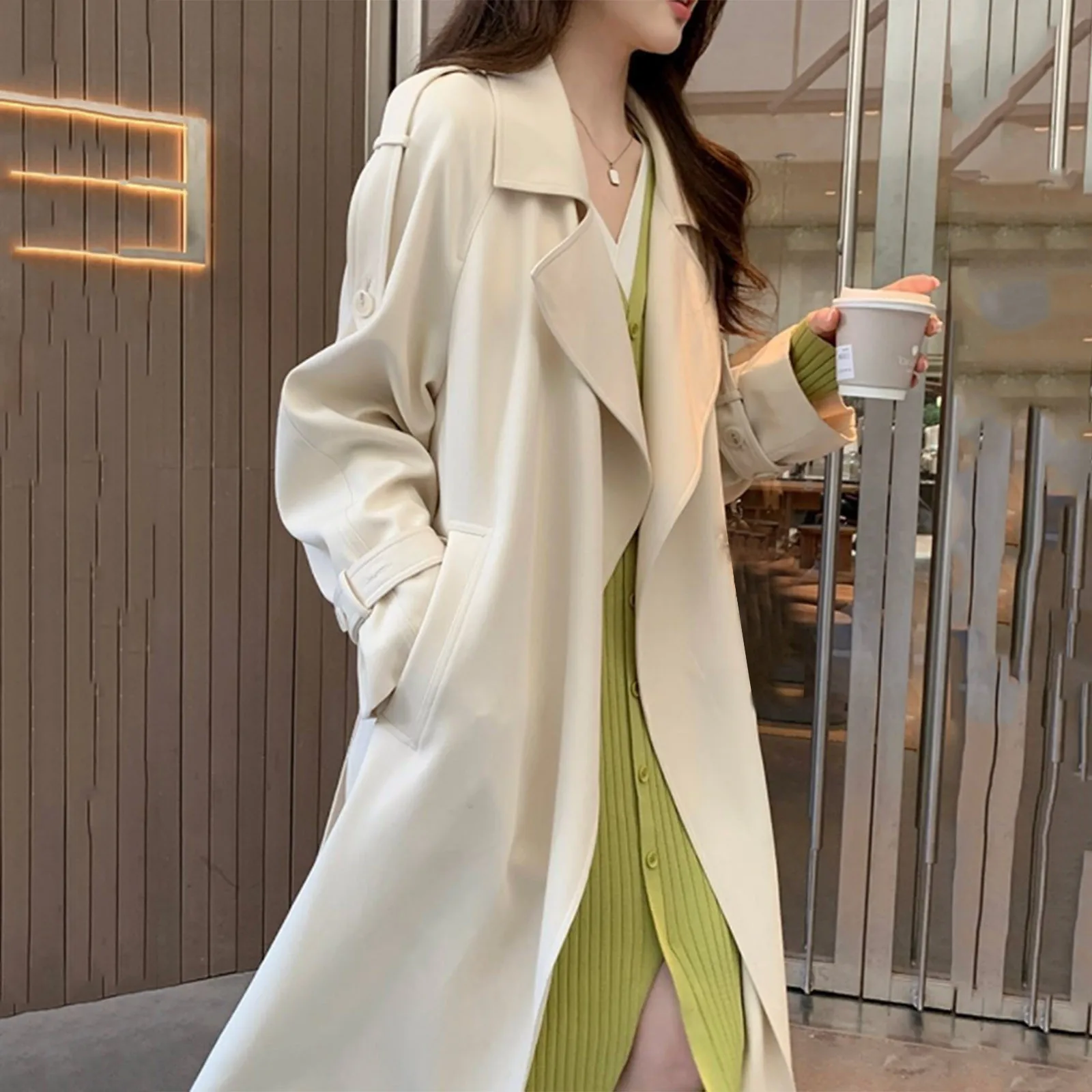 2024 New Spring And Autumn Women'S Windbreaker Coats Mid Length White Lady Outwear Fashion Versatile Female Trench Coat