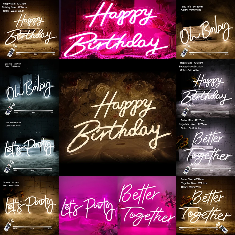 

Happy Birthday Neon Sign Oh Baby Better Together LED Neon Light Flex Clear Acrylic Neon Wedding Sign Party Decoration