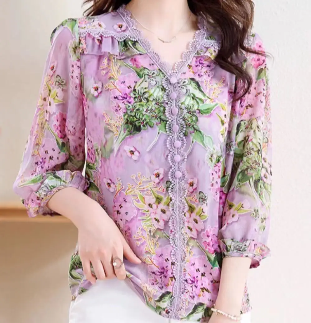 3/4 Sleeved Chiffon Single Breasted Blouses Shirts for Women Floral  Autumn 2023 New Fashion Lace Patchwork V Neck Top