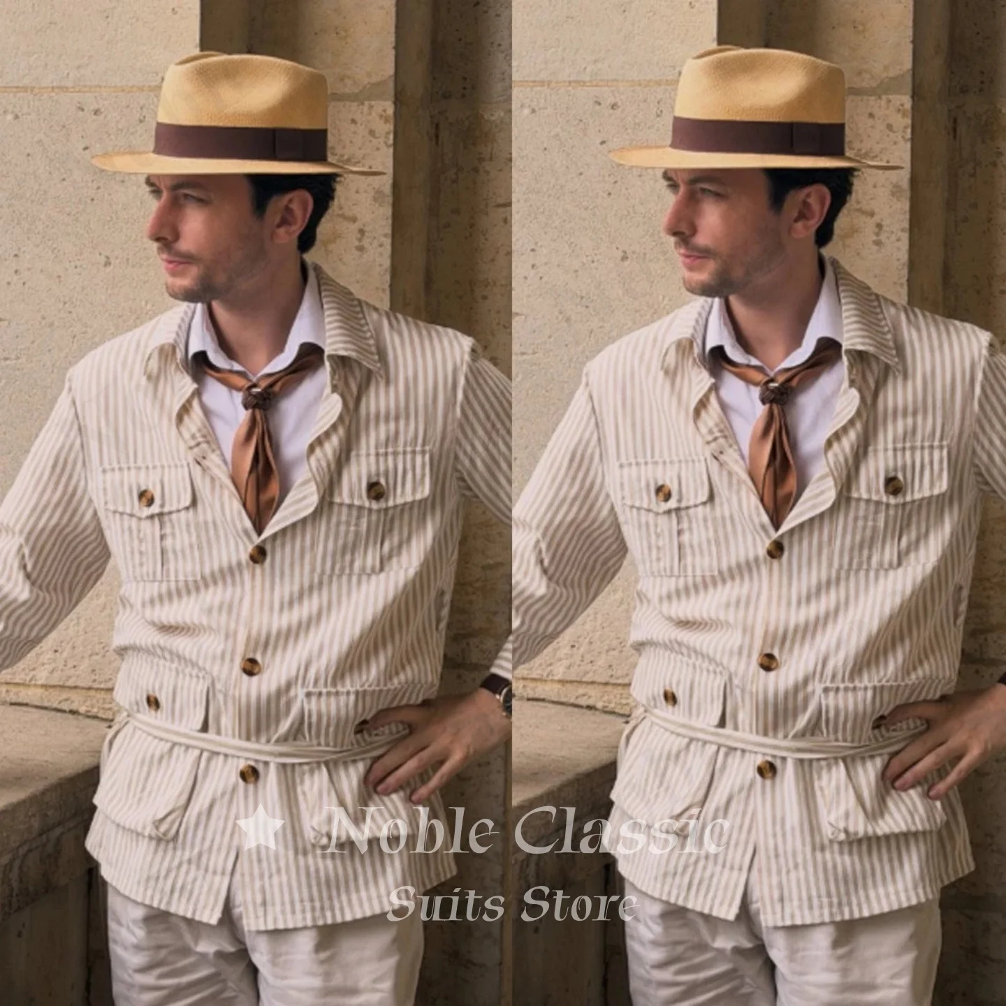 2 Piece Suit Beige White Striped Safari Jacket Men Collared Multi Cargo Pocket Vacation Daily Street Wedding Slim Fit Customized