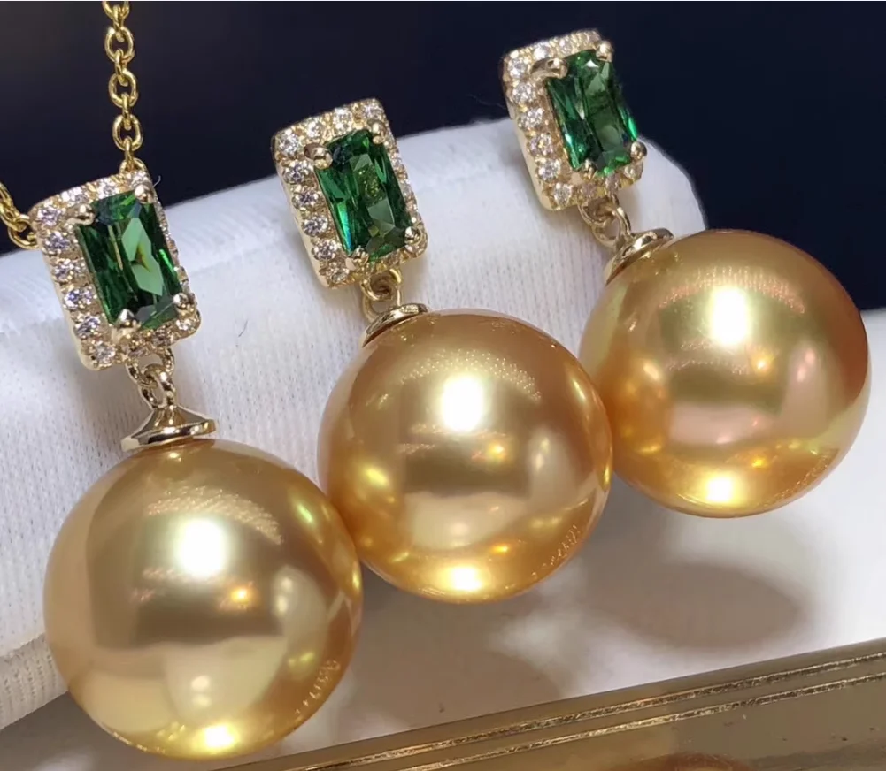 Elegant Set Of South Sea 16mm Round Gold Shell Pearl Earring Pendant Silver 925 Earrings