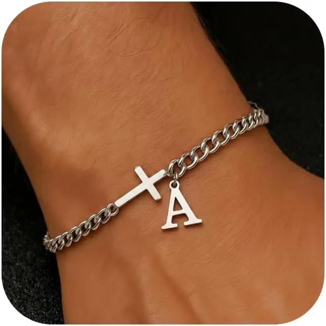 Men Cross Cuban Chain Bracelets for Men Initial A-Z Faith Cross Bracelets, Stainless Steel Initial Bracelet Religious Jewelry