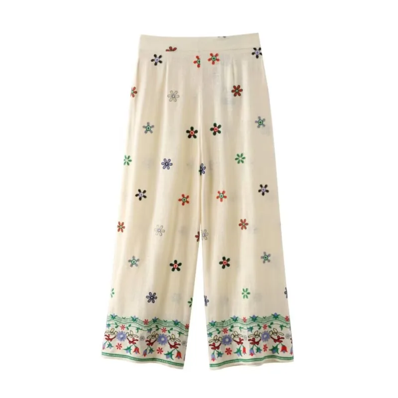 Flower Embroidered Trousers Women Summer High Waist Lightweight Wide Leg Pants Casual Pajama Style Button Pocket Pants