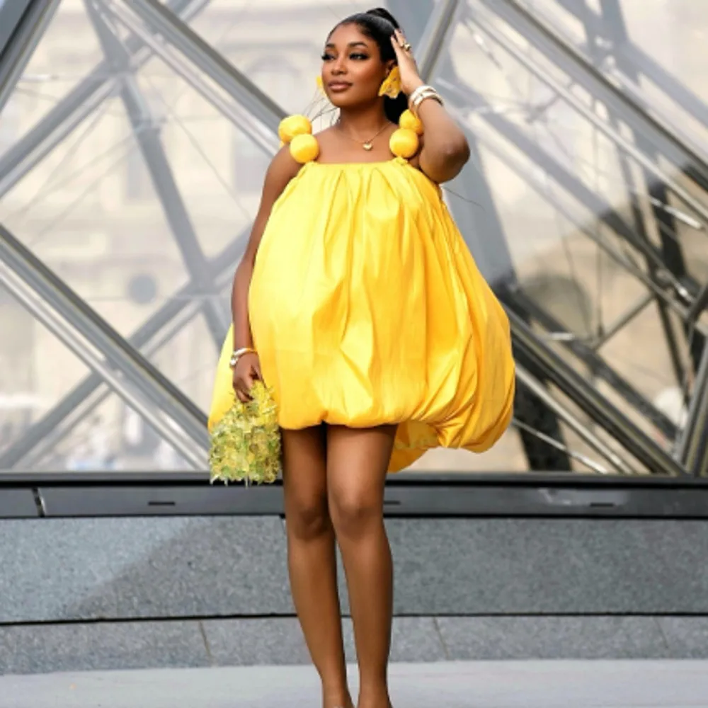 Mini robes d'anniversaire jaunes avec bretelles de boule, robe de soirée trapèze sur mesure, robes de soirée Sexy pour filles