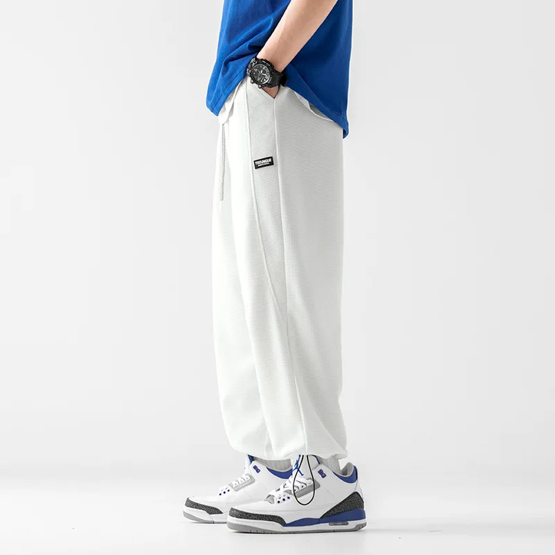 Calça de waffle de algodão solta masculina com cordão reto, casual esportiva japonesa, novidade para primavera e verão, 2022