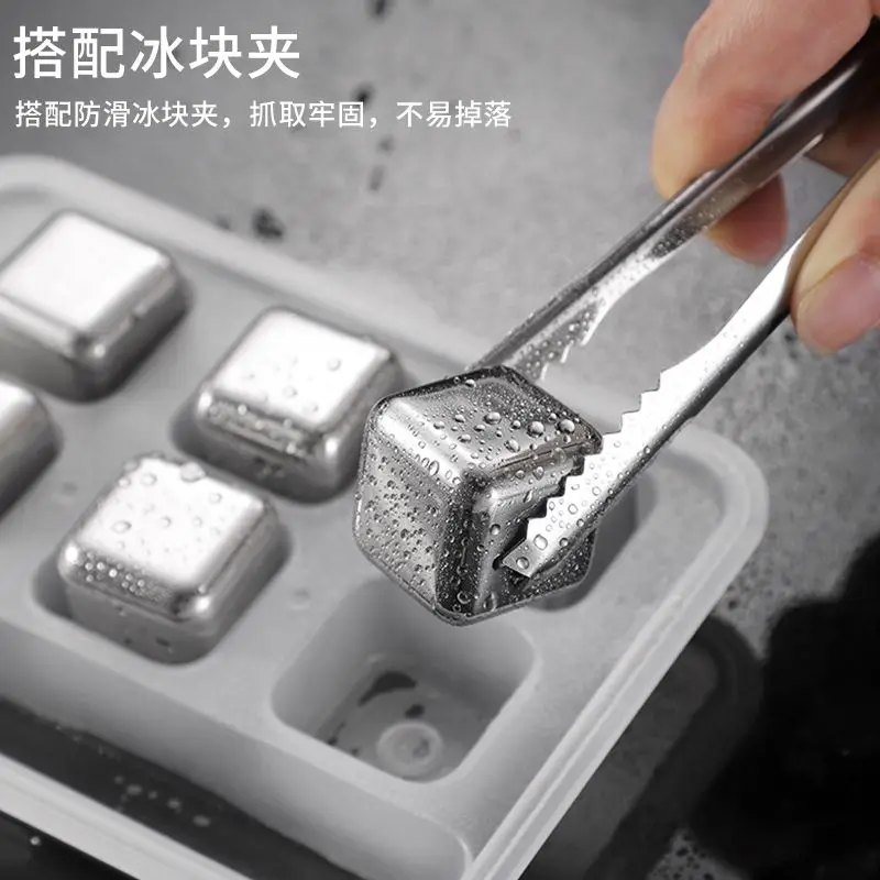 Stainless Steel Reusable Ice Cubes Chilling Stones Squares with Anti-Slip Tongs for Whiskey Wine Drinks Bar Party Cooling Home
