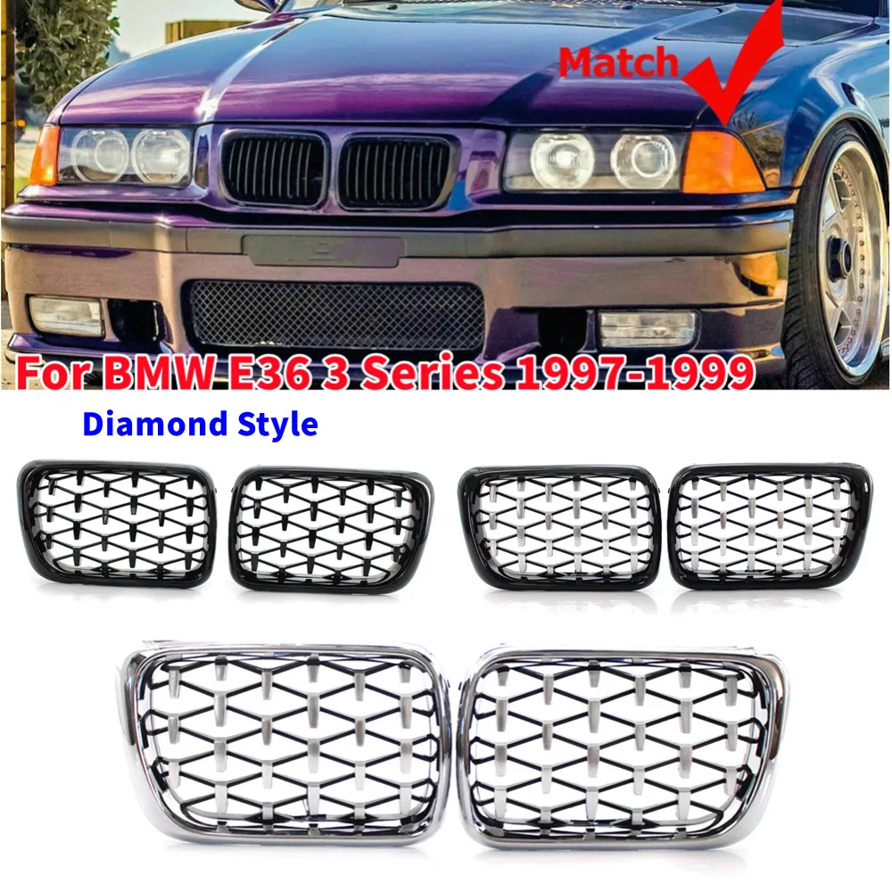 

For BMW E36 3 Series 1997-1999 Front Hood Kidney Bumper Racing Grille Mesh Diamond Style Grill Car Replacement Accessories