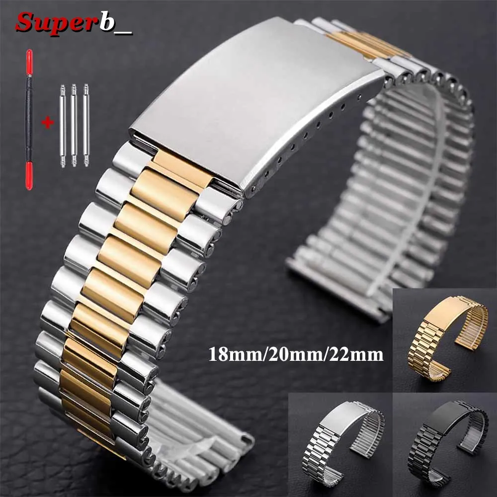 Bracelet de montre en acier inoxydable, argent et or, boucle pliante, en métal, pour Seiko, 18mm, 20mm, 22mm, Bracelets universels pour hommes et femmes