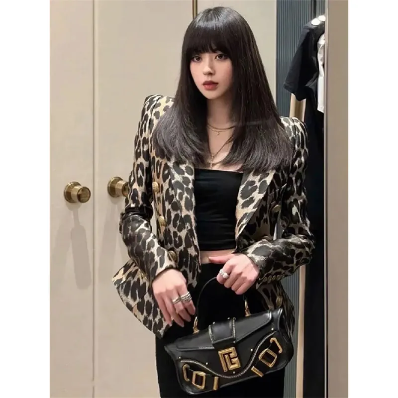 Jaket jas motif macan tutul untuk wanita, jaket jas motif macan tutul Vintage, mantel Double-Breasted, jaket pendek modis musim gugur 2024 untuk wanita